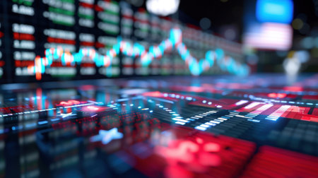 A vibrant digital representation of stock market data with charts and statistics, showcasing the dynamic nature of financial analysis and trading.の素材