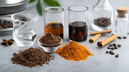 A visually appealing arrangement of various spices and coffee ingredients on a table, showcasing their textures and colors for culinary inspiration.の素材