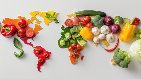 A creative representation of the world map made from fresh vegetables, showcasing vibrant colors and healthy ingredients for culinary inspiration.の素材