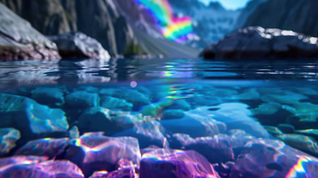 Discover a serene mountain lake featuring crystal clear waters reflecting a vibrant rainbow and smooth rocks beneath the surface, showcasing natural beauty.の素材