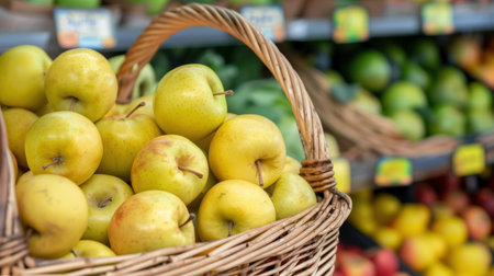 A woven basket brimming with fresh yellow apples showcases a vibrant grocery store display. Perfect for highlighting healthy eating and seasonal produce.の素材