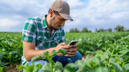 A young farmer is kneeling in a lush green field while using a smartphone. The scene represents modern agriculture and the blend of technology with farming practices.の素材