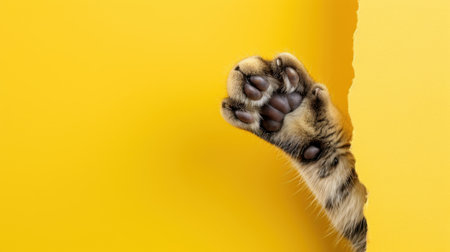 This vibrant image showcases a close-up of a tiger paw emerging from a bright yellow background, highlighting the texture and detail of its claws in a playful manner.の素材