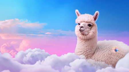 A charming alpaca rests among fluffy clouds under a vibrant pastel sky. This serene scene captures joy and tranquility, perfect for nature lovers.の素材