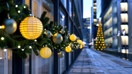 A beautifully decorated urban street adorned with glowing Christmas lights and ornaments, creating a warm atmosphere amidst modern skyscrapers at dusk.の素材