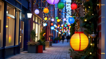 A vibrant urban alleyway adorned with colorful lanterns and twinkling lights creates a charming and inviting atmosphere during dusk hours.の素材