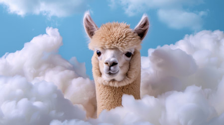 This enchanting image features an alpaca emerging from fluffy clouds against a vibrant blue sky. The soft fur and gentle expression create a playful and serene atmosphere, perfect for conveying warmth and charm in any project.の素材