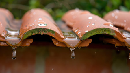 Captivating close-up of water droplets resting on terracotta roof tiles, highlighting the beauty of nature after rainfall against a lush green backdrop.の素材