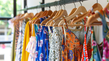 A stylish display of vibrant summer dresses hanging on wooden hangers in a chic retail store, showcasing various colors and patterns perfect for warm weather.の素材