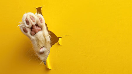 A charming image of a playful cat paw breaking through a vibrant yellow background, showcasing soft fur and tiny claws. Perfect for fun pet-related themes.の素材