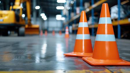 Bright orange traffic cones are placed on a clean warehouse floor, providing clear caution and safety measures amidst heavy machinery and equipment.の素材