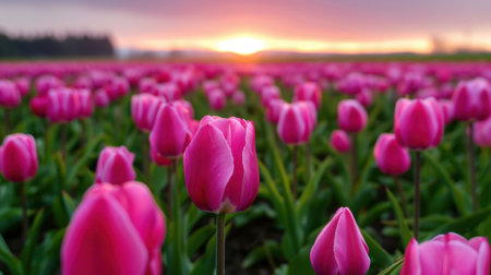 A stunning view of a field filled with vibrant pink tulips, captured during sunset. The soft clouds and colorful petals create a beautiful, tranquil scene.の素材