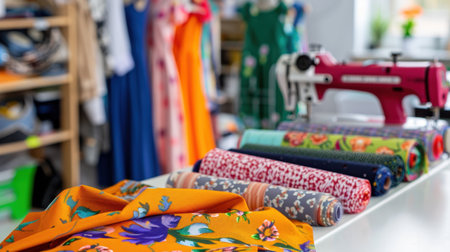 A bright and inviting sewing studio showcasing vibrant fabrics, a modern sewing machine, and a well-organized workspace for creative projects.の素材