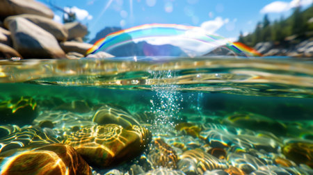 This stunning underwater image captures colorful pebbles submerged in a peaceful lake, with bubbles rising and a rainbow faintly arched above, evoking serenity.の素材