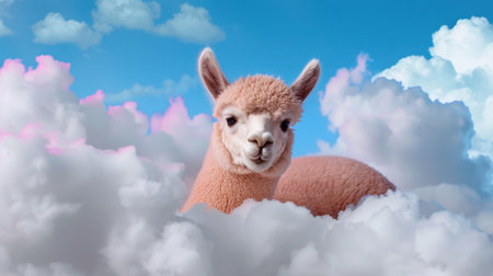 A charming camelid rests in fluffy clouds against a bright blue sky, creating a whimsical and dreamy scene ideal for creative projects or backgrounds.の素材