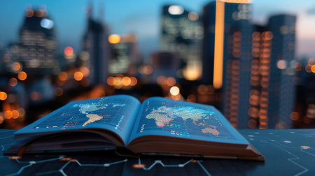 An open book displaying a bright world map graphic stands against a blurred urban skyline at dusk, emphasizing themes of data, technology, and education.の素材