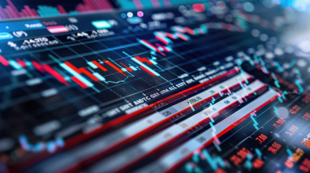 Dynamic financial market chart showcasing colorful candlestick graphs and essential trading data, ideal for professionals seeking investment insights and market trends.の素材