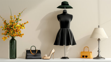 A stylish fashion display featuring a black dress on a mannequin, accompanied by elegant accessories, vibrant flowers, and modern decor.の素材