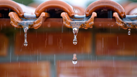 A close-up view of raindrops elegantly dripping from terracotta tiles of a roof during a rainy day, capturing the beauty of nature and tranquility.の素材