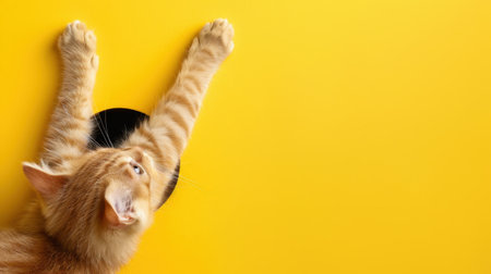 An adorable orange cat stretches its paws through a black circle, set against a vibrant yellow background, capturing a playful and curious moment.の素材