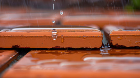 Close-up view of water droplets cascading on terracotta tiles, showcasing vibrant textures and reflections in a serene outdoor setting during a refreshing rain.の素材