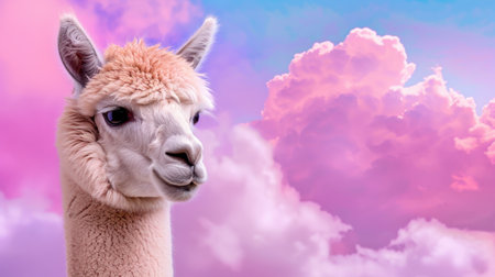 This stunning portrait features a gentle alpaca with a fluffy coat, posed against a serene and vibrant cloudy background, ideal for animal lovers.の素材