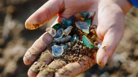 A close-up image of a hand filled with a variety of colorful gemstones and crystals, surrounded by dirt and soil, capturing the essence of natural beauty and treasure hunting outdoors.の素材