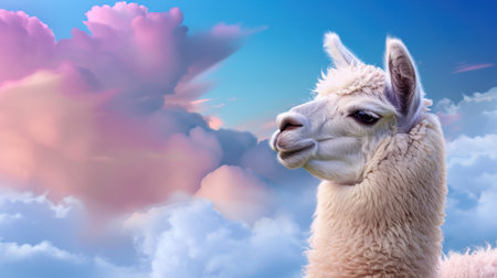A stunning portrait of a gentle llama set against a backdrop of soft pink and blue clouds, evoking a serene and tranquil atmosphere perfect for nature enthusiasts.の素材