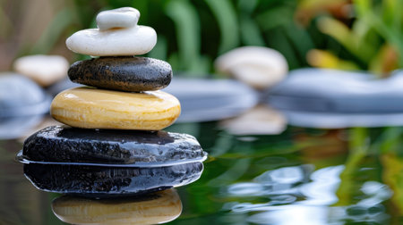 A serene composition featuring a stack of smooth stones on a reflective water surface, set against lush greenery, creating a tranquil atmosphere ideal for relaxation.の素材