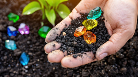 A hand holds colorful crystals surrounded by rich soil, with a green plant nearby, symbolizing beauty, growth, and a connection to nature.の素材