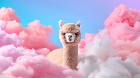 This whimsical image features a cute alpaca nestled among fluffy pink and blue clouds, creating a dreamy and serene atmosphere. Perfect for brightening any project.の素材