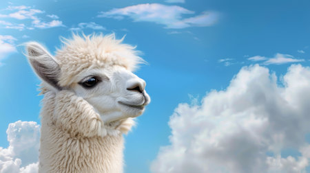 This photograph features a serene alpaca with a soft, fluffy coat set against a brilliant blue sky adorned with fluffy clouds, highlighting the beauty of nature.の素材