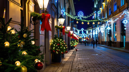A beautifully decorated street scene showcasing festive lights and Christmas trees, creating a magical atmosphere perfect for holiday celebrations.の素材