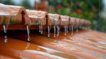 This image captures a close-up view of raindrops collecting and dripping from orange terracotta roof tiles, showcasing the beauty of rainy weather.の素材