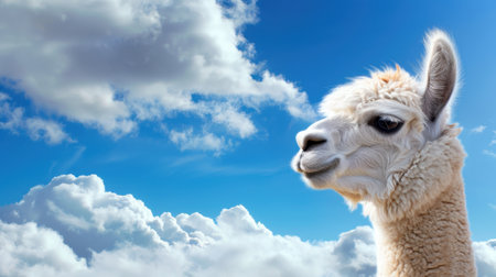 This image features a calm llama in profile, showcasing its soft fur and friendly expression against a vibrant blue sky with fluffy clouds, evoking serenity.の素材