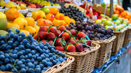 A vibrant market stall filled with an array of fresh fruits in woven baskets. This colorful display showcases a variety of seasonal fruits, perfect for healthy eating.の素材