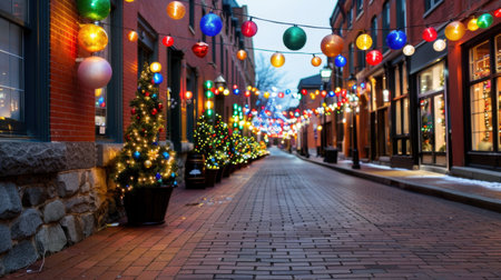 A charming cobblestone street illuminated by vibrant Christmas lights creates a warm, festive atmosphere perfect for winter celebrations. Decorated trees line the path, inviting visitors to enjoy the holiday spirit in a historic urban setting.の素材