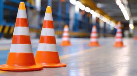 Bright orange traffic cones stand in a parking lot, providing safety and guidance amid a softly blurred background. The scene illustrates urban infrastructure.の素材