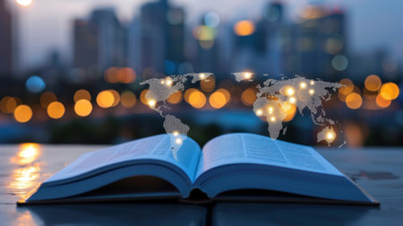 This captivating image features an open book layered with a glowing world map, set against a soft-focus city skyline at dusk, illustrating the fusion of knowledge and global connectivity.の素材