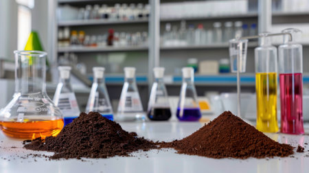 This image captures a laboratory scene featuring ground materials and various colorful solutions in glassware, symbolizing scientific analysis and experimentation.の素材