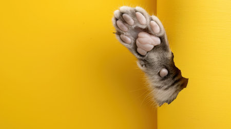 A delightful and whimsical image showcasing a cat's paw peeking through a vibrant yellow wall. The close-up captures the softness and charm of the cat's fur, evoking feelings of curiosity and playfulness. Perfect for animal lovers!の素材