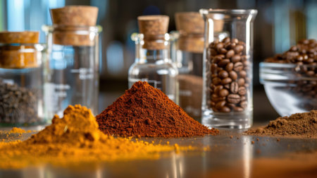 This stunning image features a colorful variety of spices and coffee beans, arranged artfully on a wooden surface. Glass containers add a touch of elegance, showcasing the textures and colors perfect for culinary enthusiasts.の素材