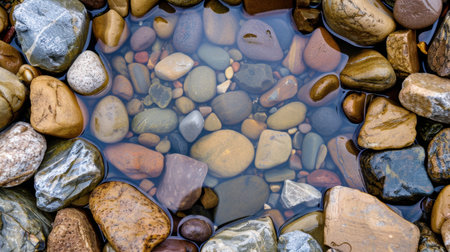 A serene view of a clear pool filled with smooth, colorful stones. The natural setting invites contemplation and relaxation, showcasing unique shapes and textures.の素材