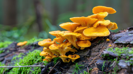 A captivating close-up of vibrant yellow mushrooms growing on a decaying log surrounded by lush green moss in a serene forest environment, showcasing nature's beauty.の素材