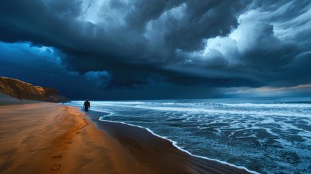 A striking seascape shows a lone figure walking along a sandy beach under a dramatic sky filled with dark storm clouds, creating a powerful atmosphere.の素材