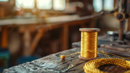 A close-up image showcasing a wooden spool of vibrant yellow thread, resting on a rustic wooden table in a beautifully lit workshop.の素材