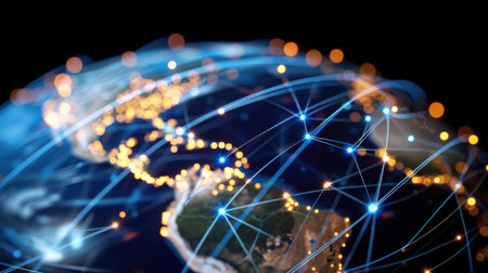 This image showcases a stunning view of Earth with a network of digital lines and glowing lights, symbolizing global connectivity and communication.の素材
