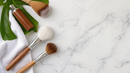 A soothing flatlay featuring makeup brushes and a cosmetic bottle on a marble countertop with a tropical leaf, perfect for beauty enthusiasts or professionals.の素材