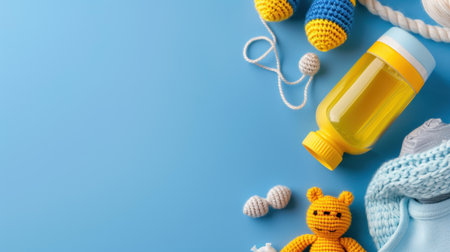 A bright blue background features an array of colorful baby toys and accessories. A yellow bottle stands out among soft knitted items, creating a playful atmosphere perfect for children playtime and joy.の素材