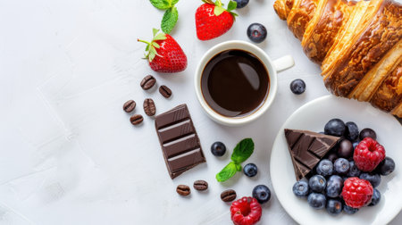 Enjoy a delightful breakfast scene featuring rich coffee, fresh strawberries, blueberries, raspberries, chocolate, and a flaky croissant on a bright table.の素材